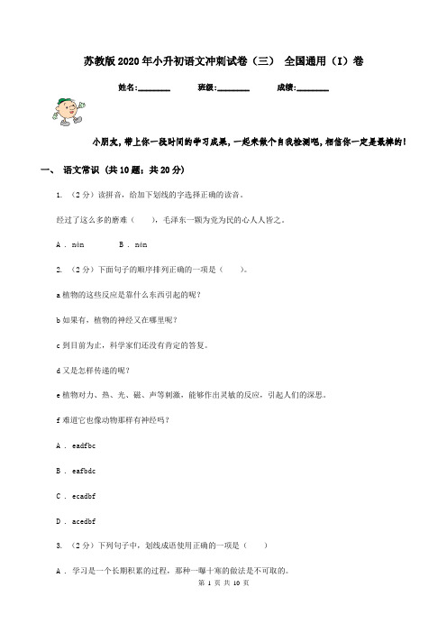 苏教版2020年小升初语文冲刺试卷(三) 全国通用(I)卷