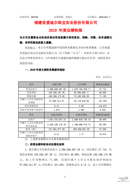 爱迪尔：2019年度业绩快报