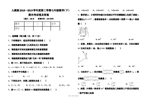 人教版2018--2019学年度第二学期七年级数学(下)期末考试卷及答案