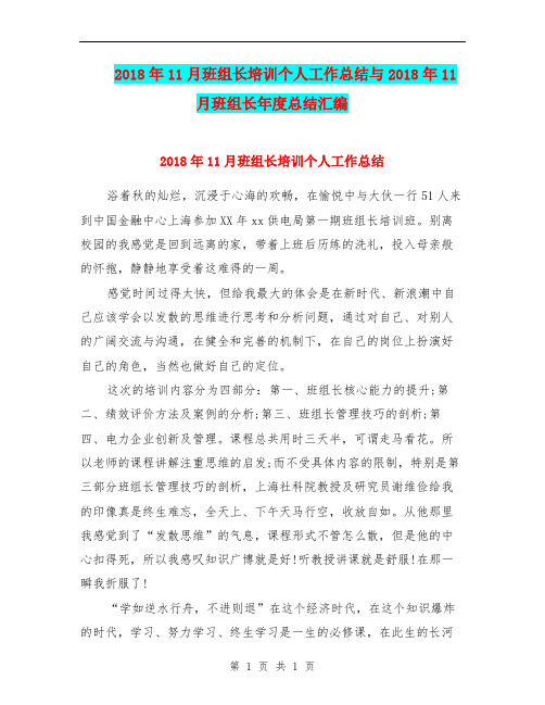2018年11月班组长培训个人工作总结与2018年11月班组长年度总结汇编.doc