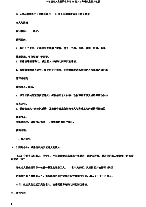 六年级语文上册第七单元21老人与海鸥教案新人教版