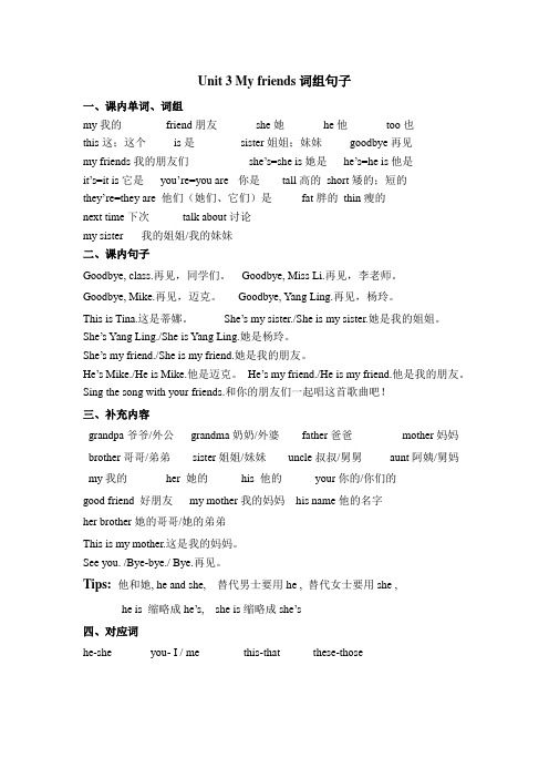 (译林版)3A Unit 3 My friends词组句子