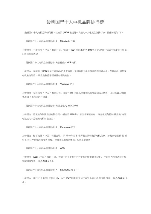 国产十大电机品牌排行榜