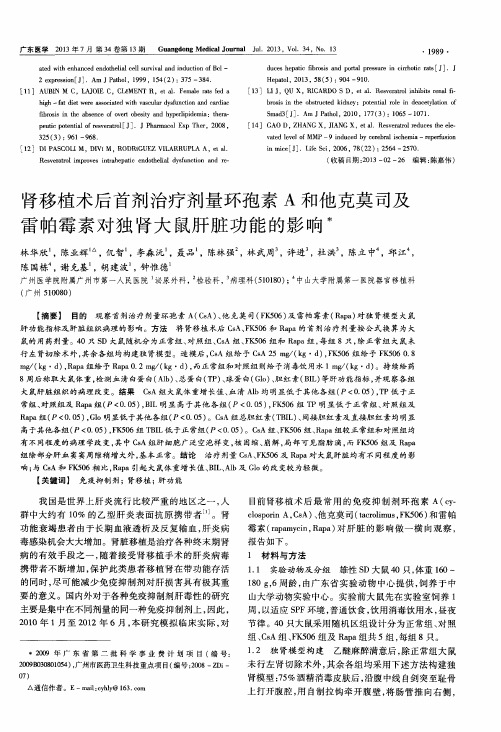 肾移植术后首剂治疗剂量环孢素A和他克莫司及雷帕霉素对独肾大鼠肝脏功能的影响