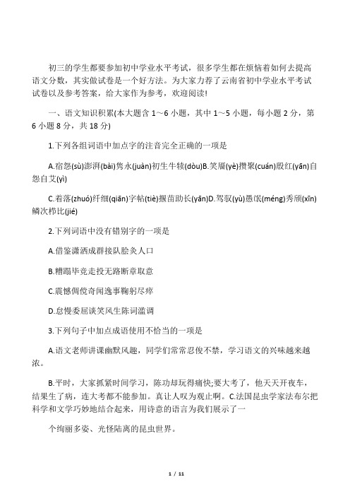 云南省初中学业水平考试试卷带答案
