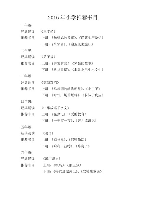 2016年小学推荐书目