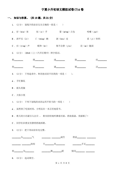 宁夏小升初语文模拟试卷(7)A卷