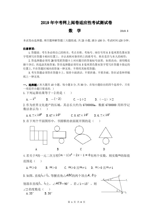 江苏省张家港市2019年中考网上阅卷适应性考试数学试卷(word 版  无答案)