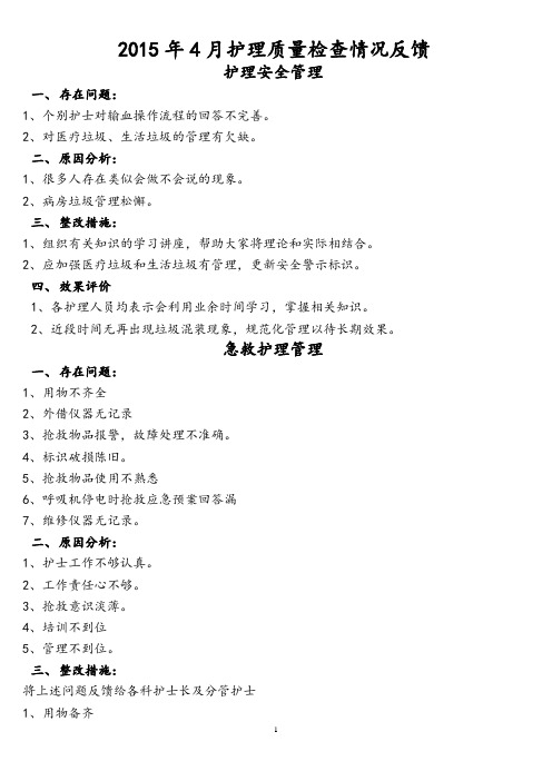 2015年4月护理质量检查情况反馈剖析