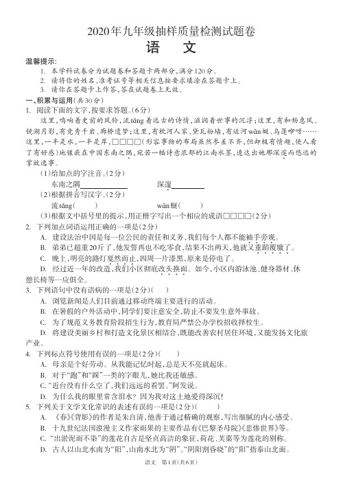 湖南省邵阳县2020年九年级抽样质量检测试题语文卷--带答案--湖南邵阳中考模拟