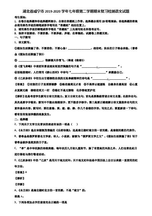 湖北省咸宁市2019-2020学年七年级第二学期期末复习检测语文试题含解析
