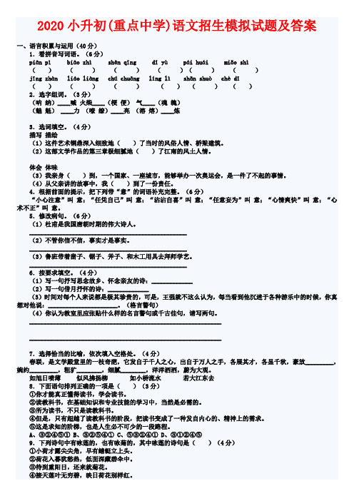 2020小升初(重点中学)语文招生模拟试题及答案