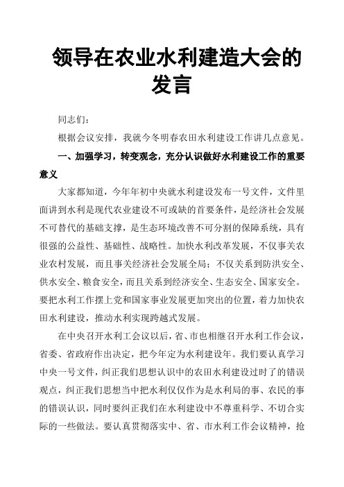 领导在农业水利建造大会的发言