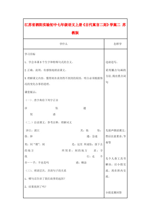 江苏省泗阳实验初中七年级语文上册《古代寓言二则》学案二(无答案) 苏教版