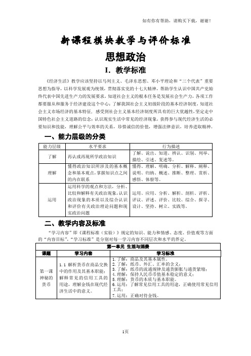 学科模块学习标准和评价手册(政治一)