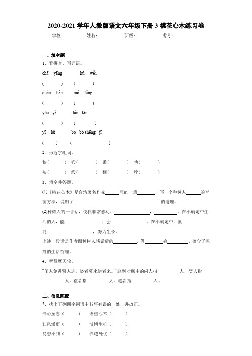 2020-2021学年人教版语文六年级下册3桃花心木练习卷 (3)