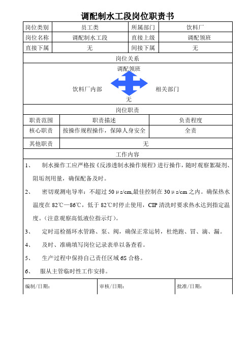 饮料厂调配制水工段员工岗位职责书