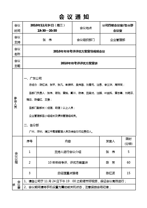 2010年年终考评评优方案宣导通知