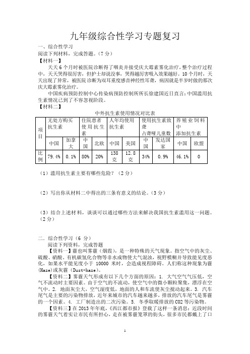 九年级综合性学习专题复习及答案