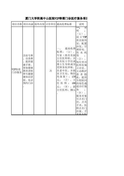VIP特需门诊医疗服务项目与收费标准