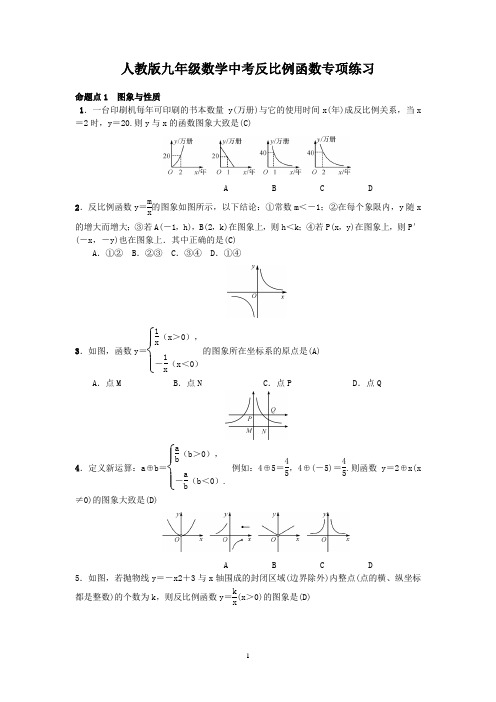 人教版九年级数学中考反比例函数专项练习及参考答案