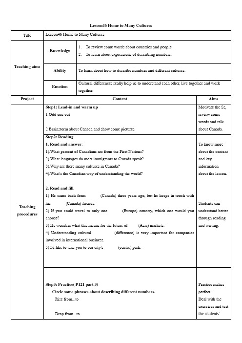 【冀教版】九下英语Unit8Lesson46HometoManyCultures教学设计