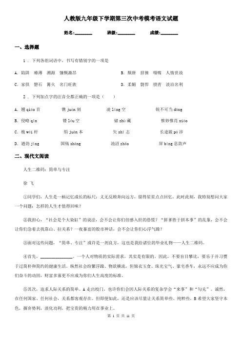 人教版九年级下学期第三次中考模考语文试题