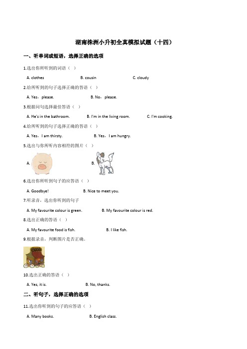 六年级下册英语试题：2019湖南株洲小升初全真模拟试卷(十四)人教 (PEP)含答案