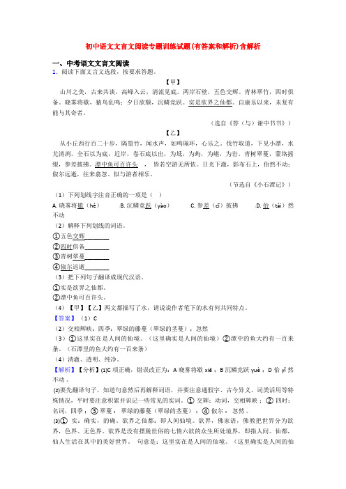 初中语文文言文阅读专题训练试题(有答案和解析)含解析