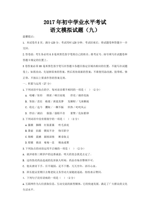 山东省青岛市超银中学2017届九年级第九次模拟考试语文试题word版含答案
