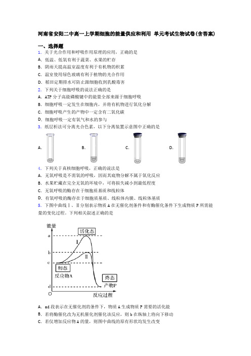 河南省安阳二中高一上学期细胞的能量供应和利用 单元考试生物试卷(含答案)
