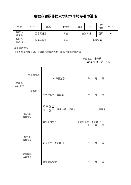 安徽商贸职业技术学院学生转专业申请表【模板】
