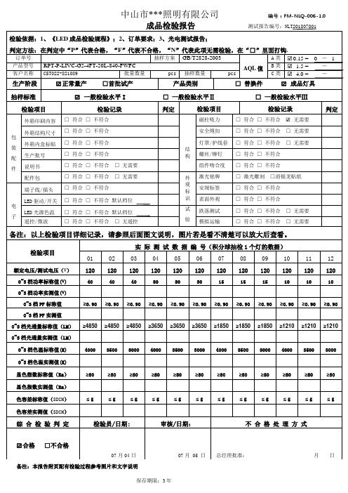 LED照明灯具出货检验报告模板完整版.doc