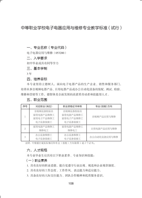 中等职业学校电子电器应用与维修专业教学标准(试行)