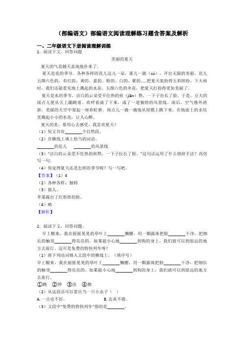 二年级(部编语文)部编语文阅读理解练习题含答案及解析