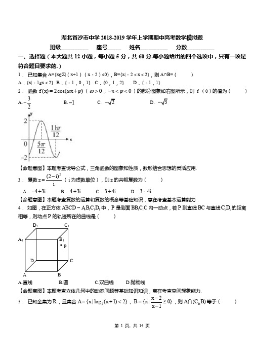 湖北省沙市中学2018-2019学年上学期期中高考数学模拟题
