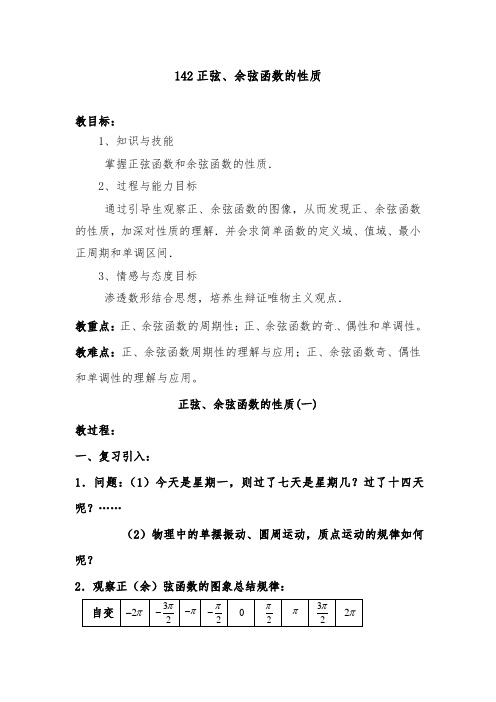 [精品]新人教版高中数学必修41.4.2正弦、余弦函数的性质优质课教案