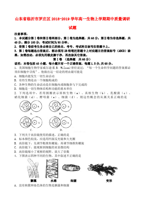 山东省临沂市罗庄区2018-2019学年高一生物上学期期中质量调研试题