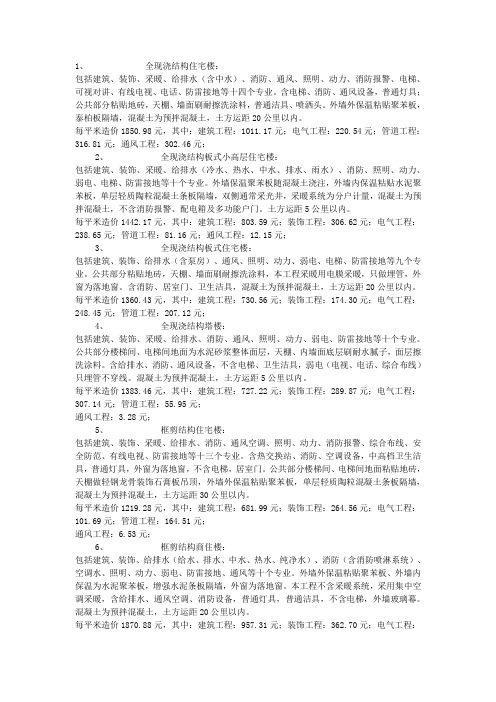 房屋建筑各项的单平方造价