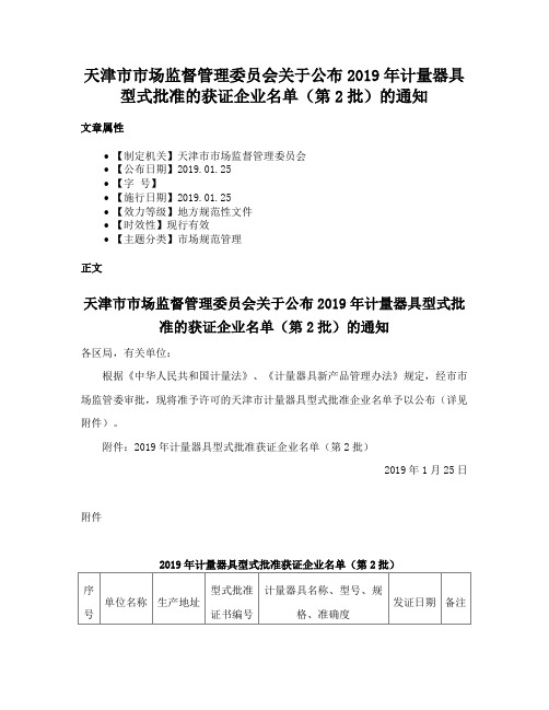 天津市市场监督管理委员会关于公布2019年计量器具型式批准的获证企业名单（第2批）的通知