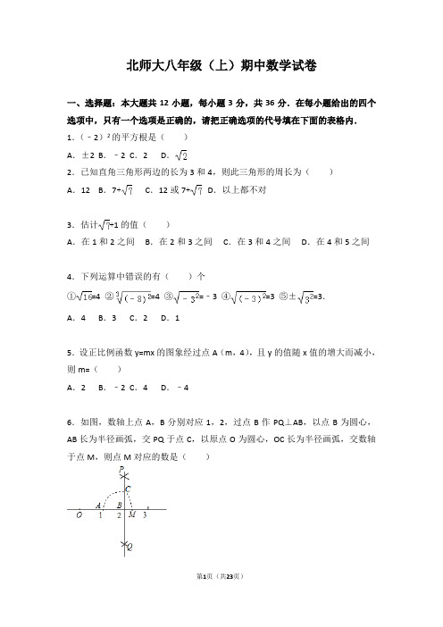 北师大版八年级数学上册期中卷(2)含解析