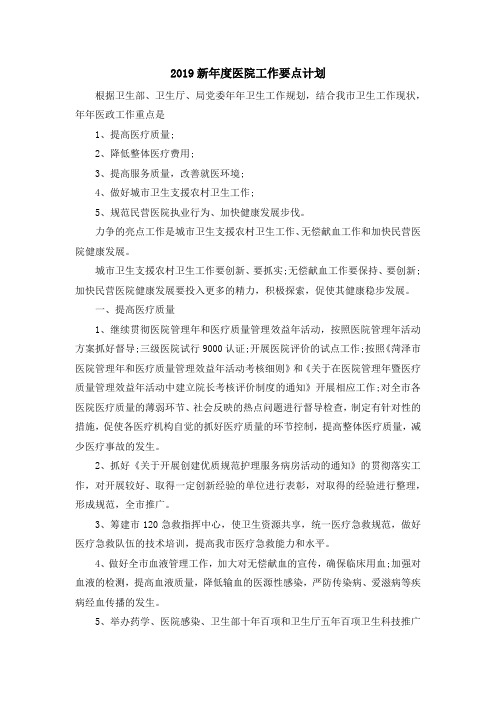 最新-2019新年度医院工作要点计划 精品
