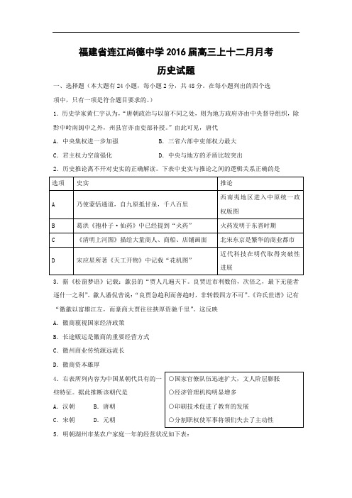 高三历史月考试题及答案-福建省连江县尚德中学2016届高三12月月考试题