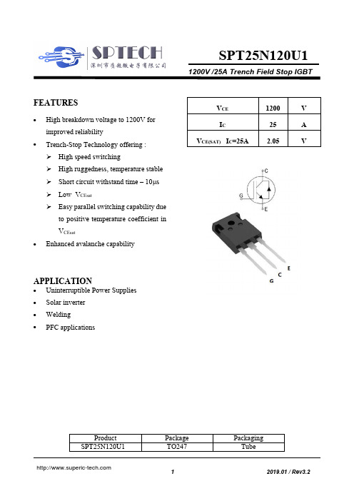 SPT25N120U1 1200V 25A 尖端沟槽停止 IGBT 晶体管说明书