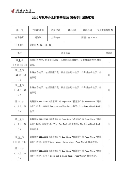 秋季少儿街舞基础B班教学计划进度表