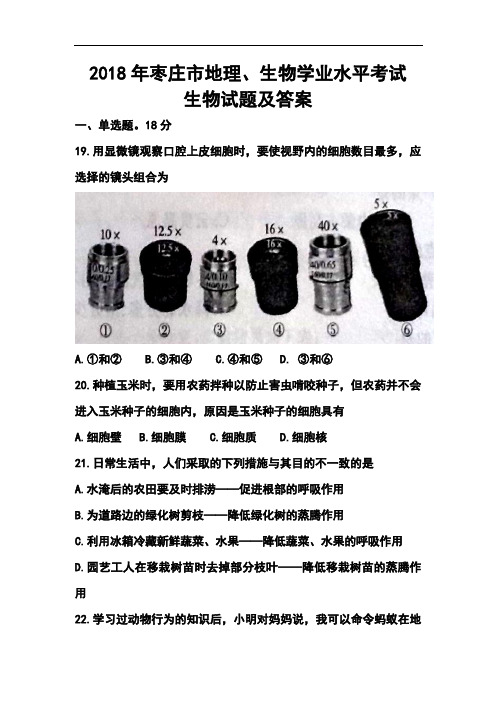 最新-2018年山东省枣庄市中考生物真题及答案 精品