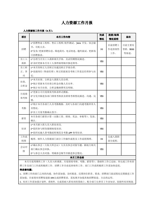 人力资源工作月报