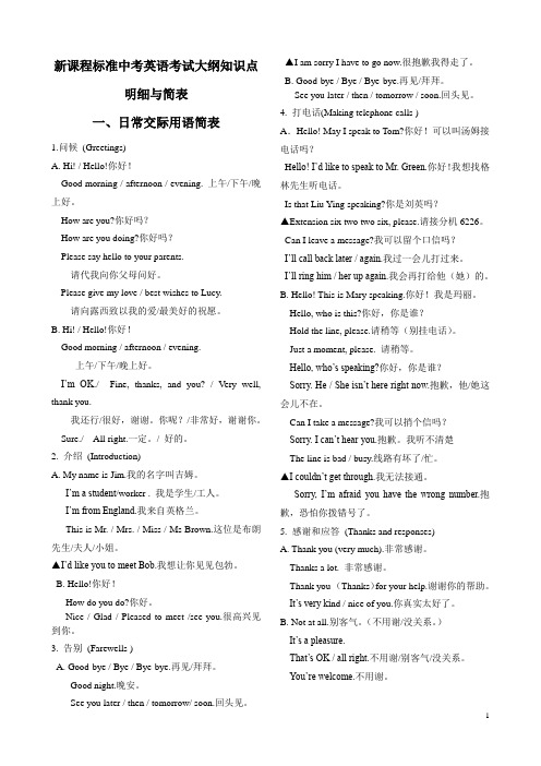 中考英语考试大纲知识点(词汇与语法)明细与简表(新课标通用版)