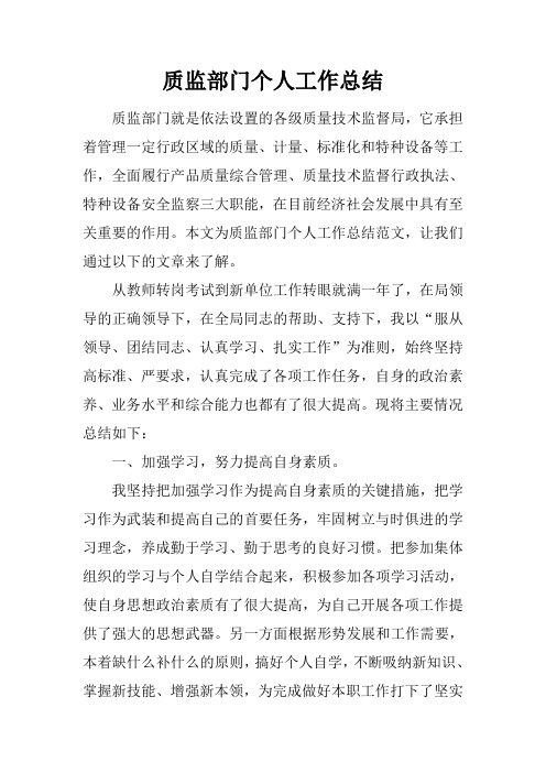 最新2019质监部门个人工作总结