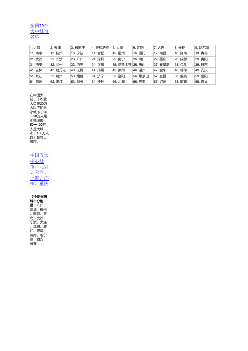 全国70个大中城市名单